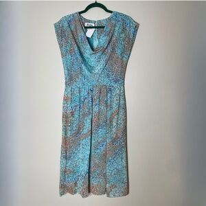 VINTAGE 60s HELGA Blue Multicolor Micro Floral Cowl Neck Cap Sleeve A Line Dress